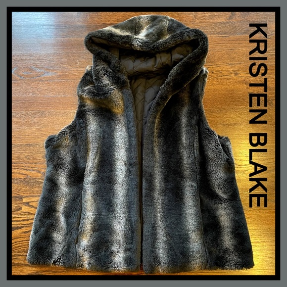 KRISTEN BLAKE BLACK/GRAY REVERSIBLE FAUX FUR VEST OUTERWEAR - Picture 2 of 12